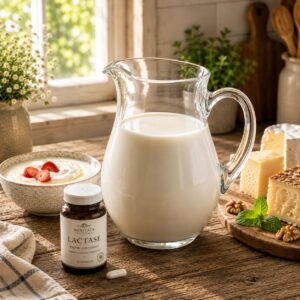 Alt Text: Glass jug of milk, yoghurt, cheese and lactase supplement on a rustic farmhouse table